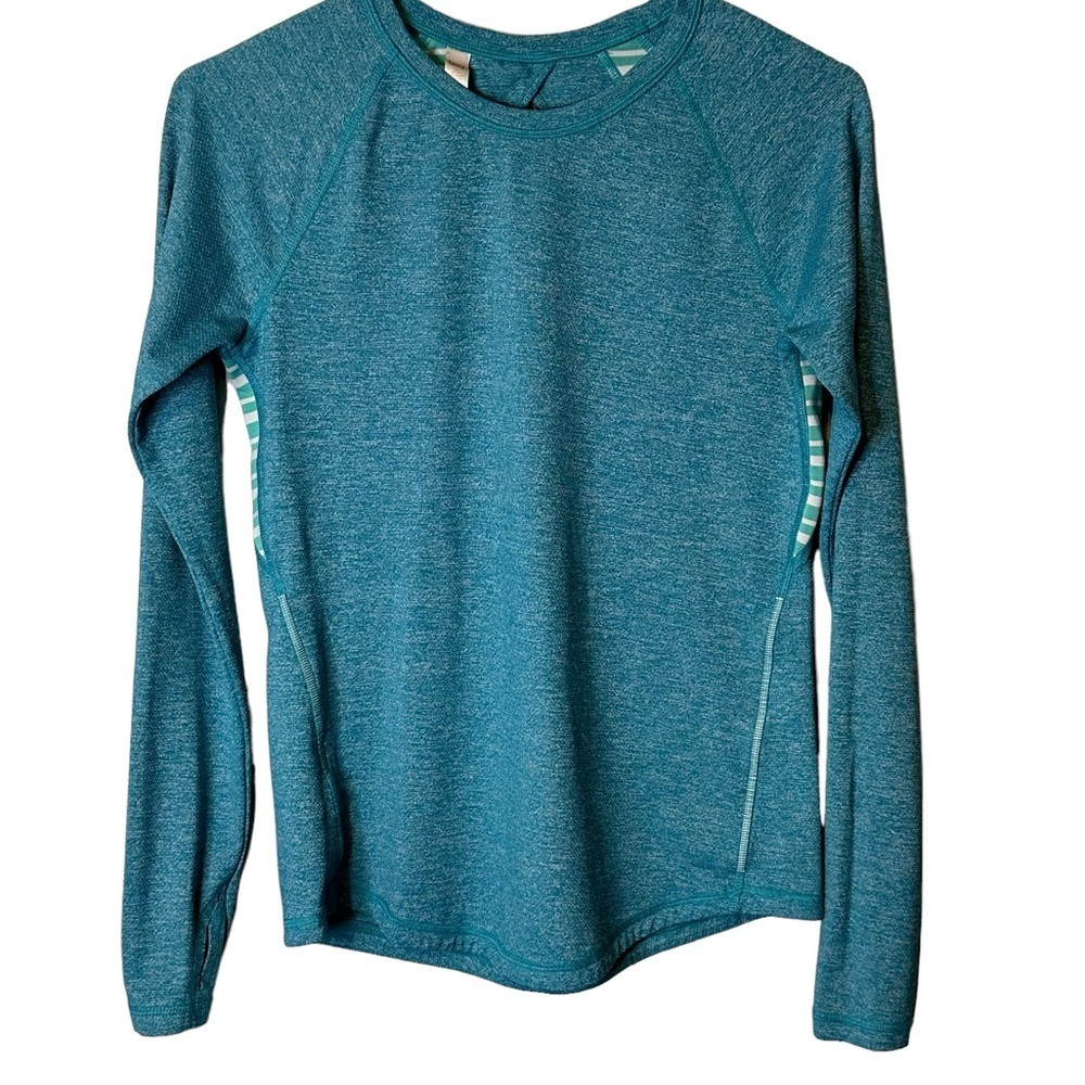 Lucy Long‎ Sleeve Shirt Top Open Back Women’s Size XS Teal Blue Thumbholes